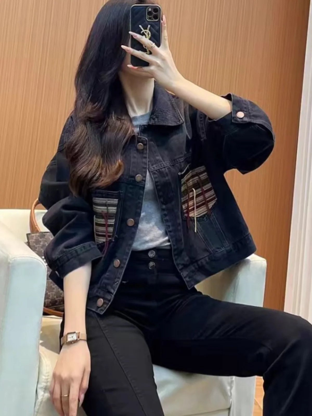 Women's Short Denim Jacket Tag Removed American High Street Design Sensation Top Commute Style Loose Fit Long Sleeve