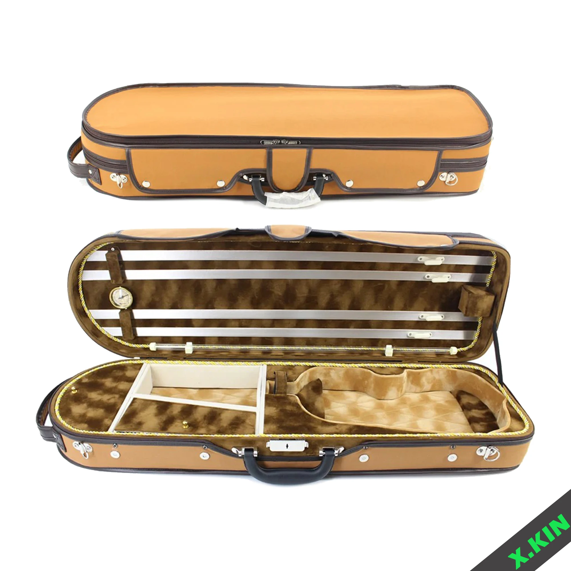 Portable Violin Case 4/4, Embossed Velvet Fabric, High-Quality Oxford Fabric, with Hygrometer