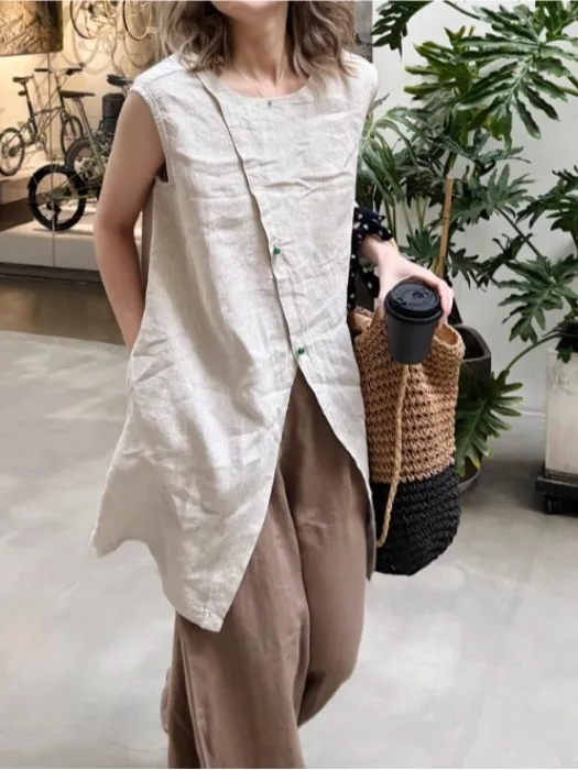 

Casual Linen Mid-Length Svel round Ne Vest Pure Color Splicing Design Large Size Women's T-irt Sle Artistic Commute