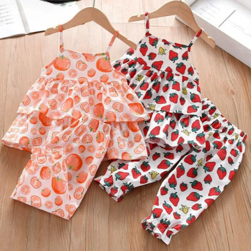 

2025Girls' Summer Outfit Baby Girl Fashion Printed Floral Ruffle Strap Dress+Mosquito-Repellent Lantern Pants Two-Piece Set