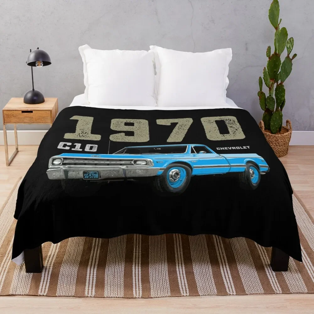 

1970 Chevy C10 Pickup Blue Throw Blanket Bed Camping Personalized Gift Bed linens Blankets