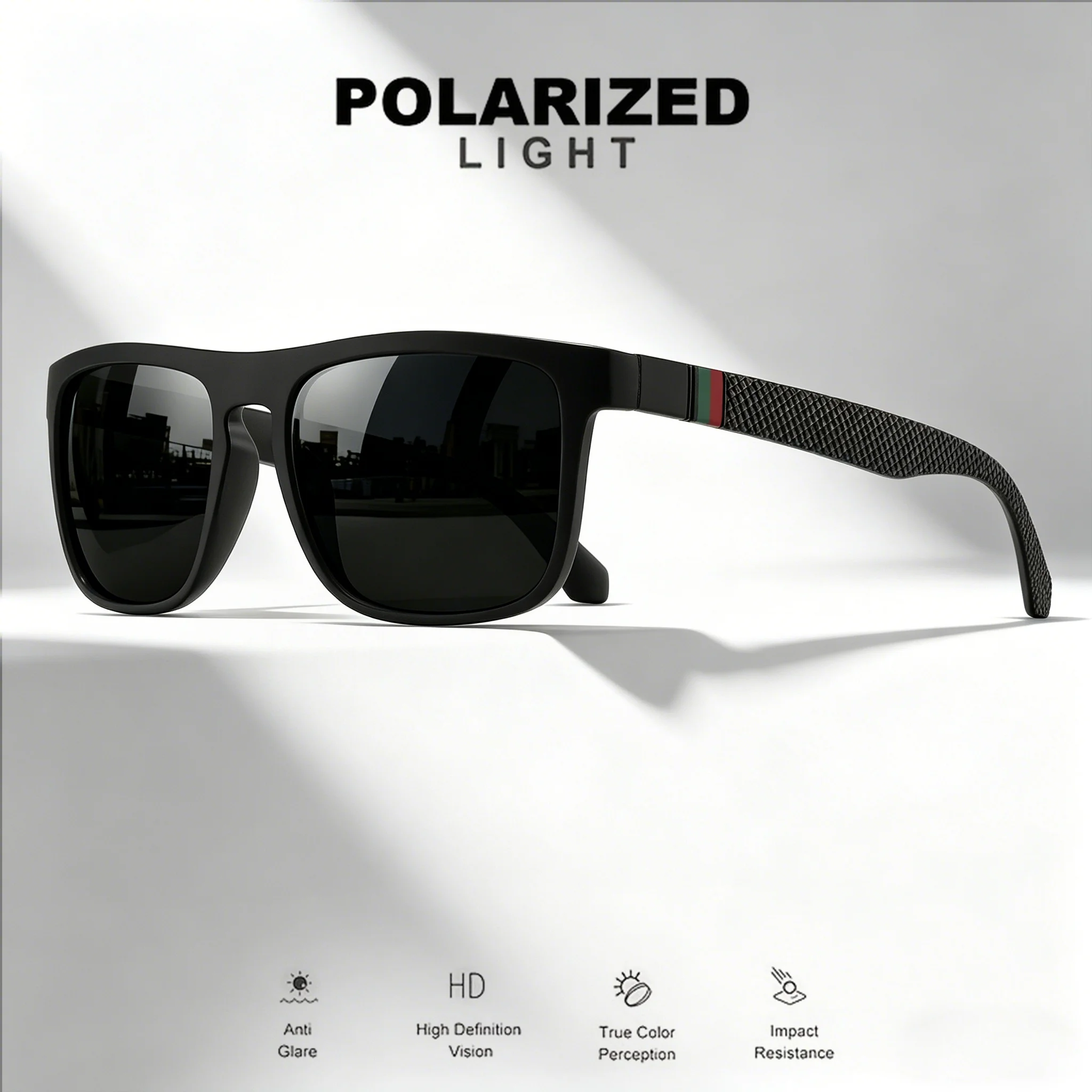 3PCS Retro Polarized Square Sunglasses - Red/Green Stripe Temples, UV400 Unisex for Daily, Outdoors, Fishing & Driving