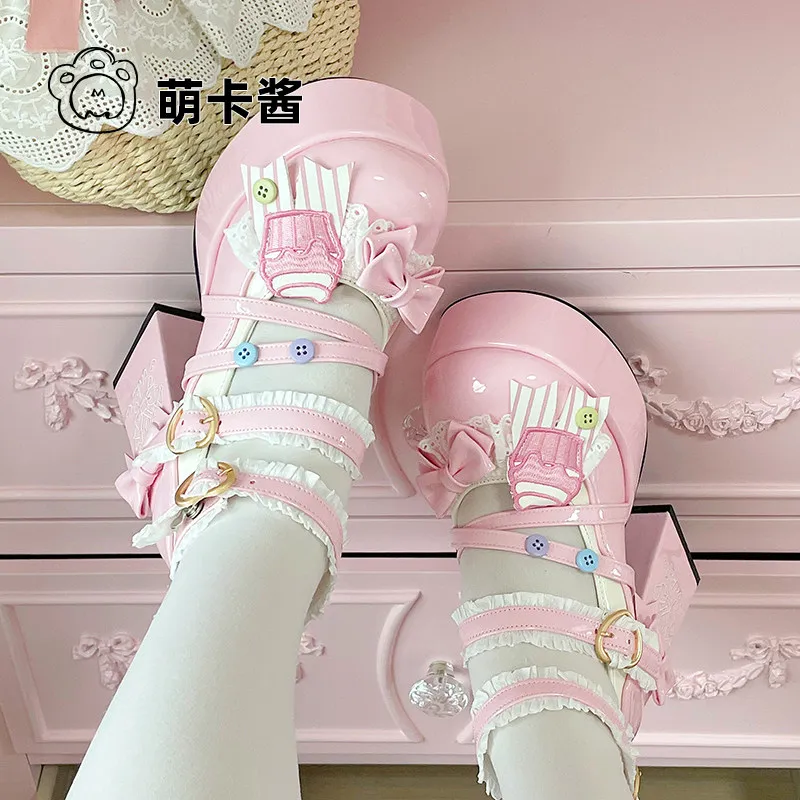 

Sweet Lolita Platform Heels Pink Cake Design Mary Jane Shoes With Lace & Bow For Women Sizes 34-42