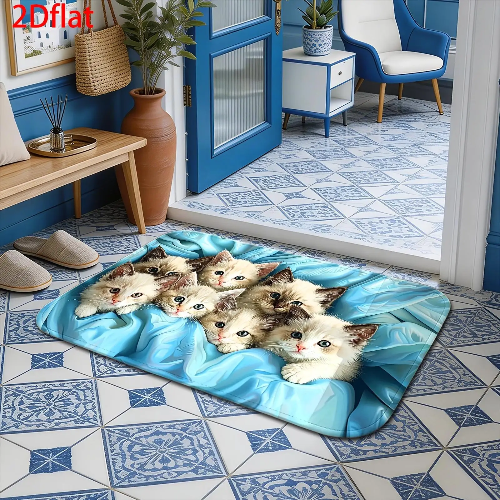 1pc 2D Flat Cute Kittens Huddled Blue Silk Blanket Flannel Area Rug Non Slip Cozy Pet Carpet For Living Room Bedroom Floor Decor