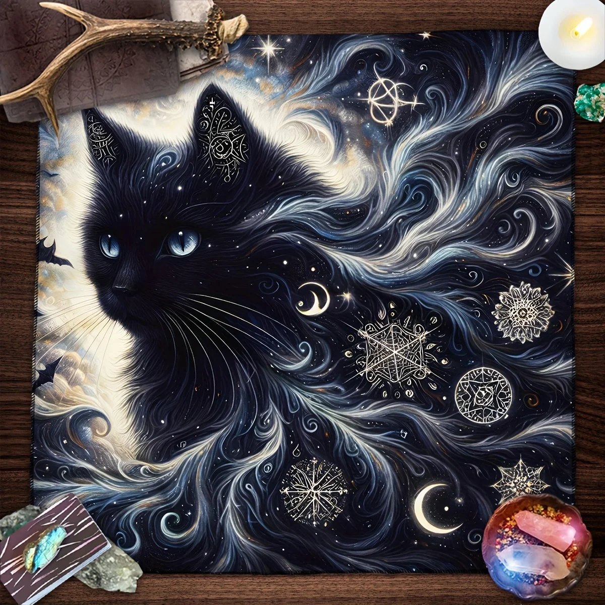Tarot Clothes for Table Tarot Cloth Astrology 1 mysterious gothic black cat tarot tablecloth, celestial starry sky cat altar