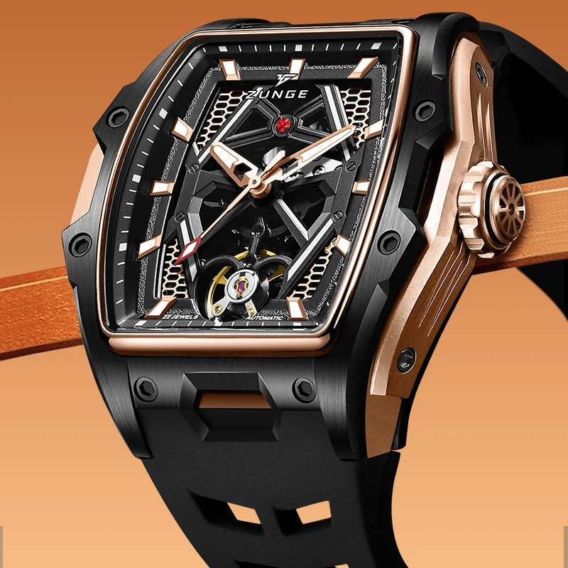 ساعة ZUNGE الميكانيكية للرجال هي ساعة يد رجالية جديدة عصرية وفردية وعصرية مع هيكل عظمي مضيئة أوتوماتيكية د