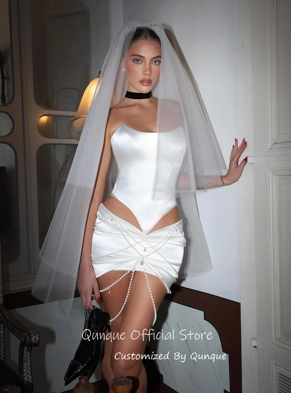 Qunque White Mini Set With Pearl Chain Wedding Dress Delicate Evening Dress Bodycon Bridal Vestido De Novia Boda Customized