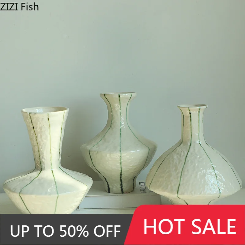 Hammered Texture Ceramic Vase Green Hand-painted Striped Flower Pots Table Decoration Flowers Arrangement Room Aesthetic Decor