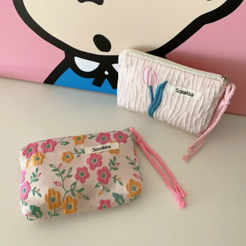 Kawaii Floral Travel Cosmetic Lipstick Coin Purse Storage Bag Women Cute Makeup Handbags Wallet Organizer Pencil Cases Pouch Bag