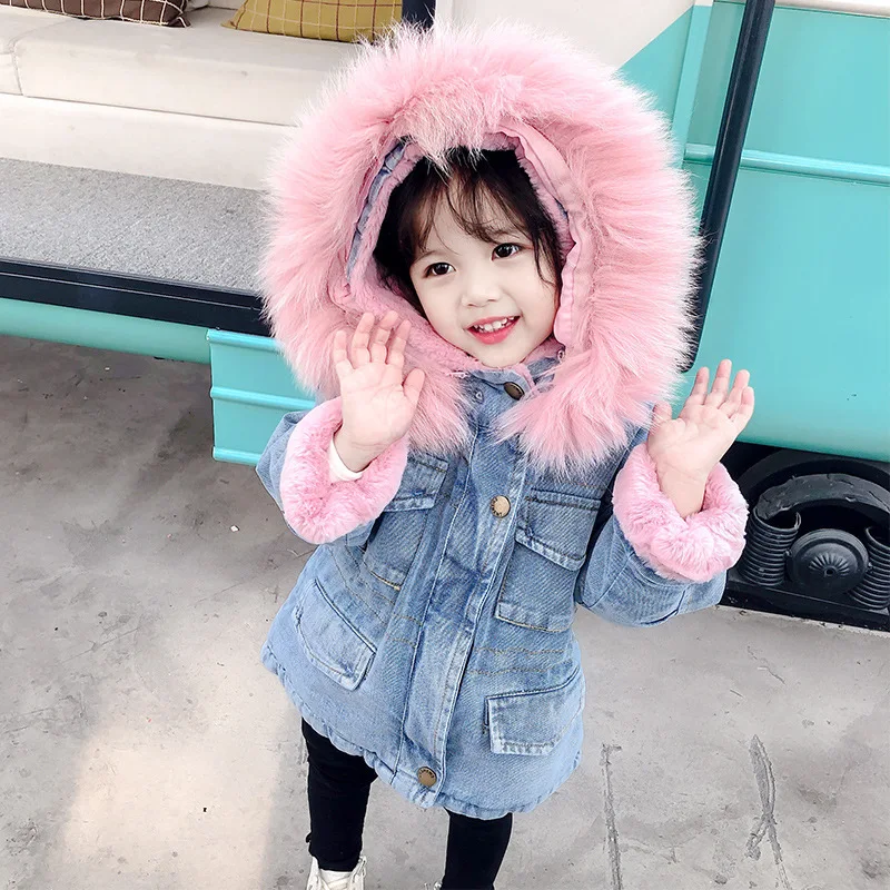 Winter Baby Girl Denim Jacket Plus Fur Warm Toddler Girl Outerwear Plush denim jacket cotton 1-5 Years Kids Infant Girl Parka