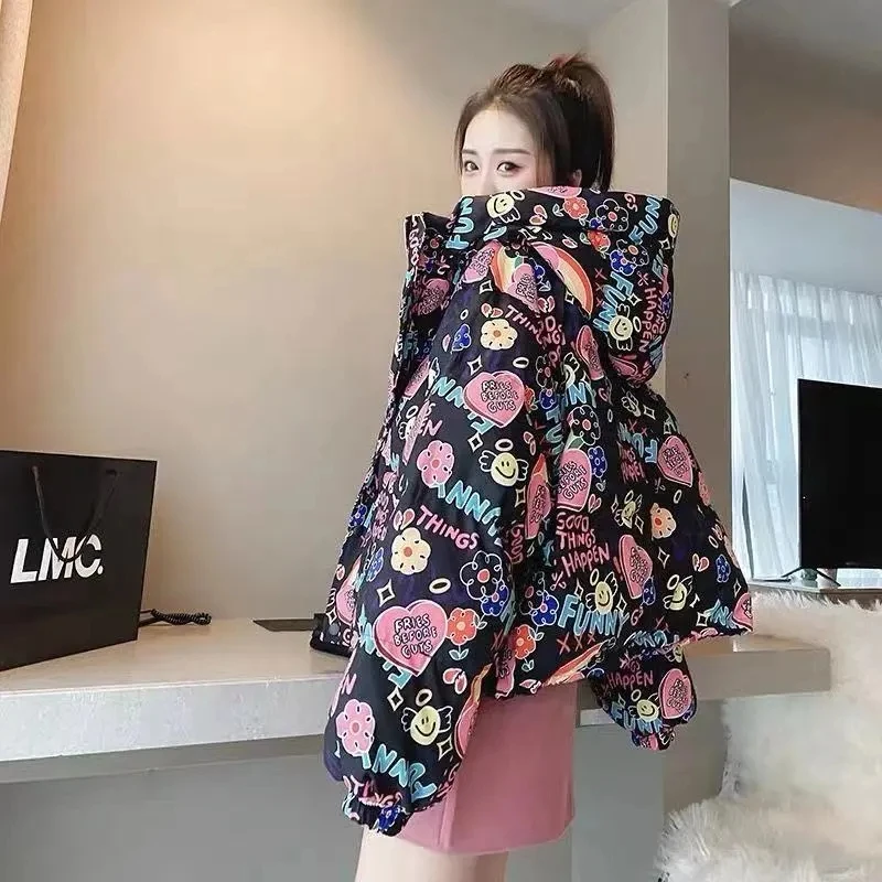 2023 Women Down Jackets Bubble Coats Winter Korean Ladylike Girls Down Jackets Sweet loose fitting student printed hooded jacket