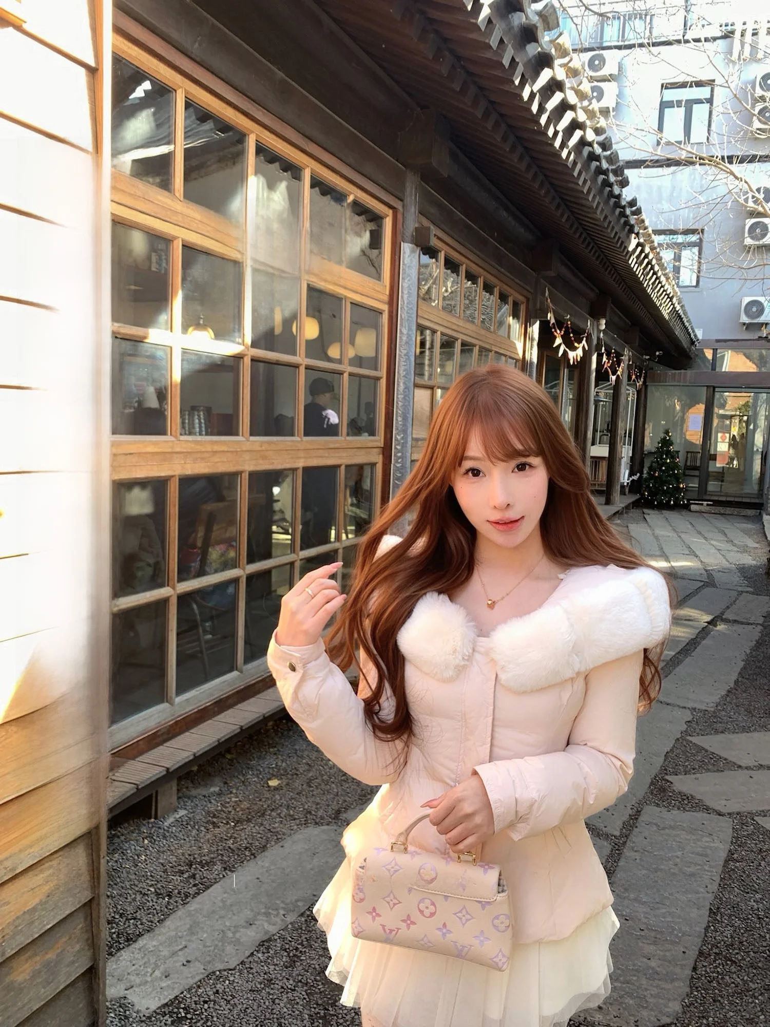 

Розовое хлопковое пальто женское с регулируемой талией и съемным меховым воротником, осенне-зимнее, из нейлоновой ткани Kirauwu, для повседневной носки