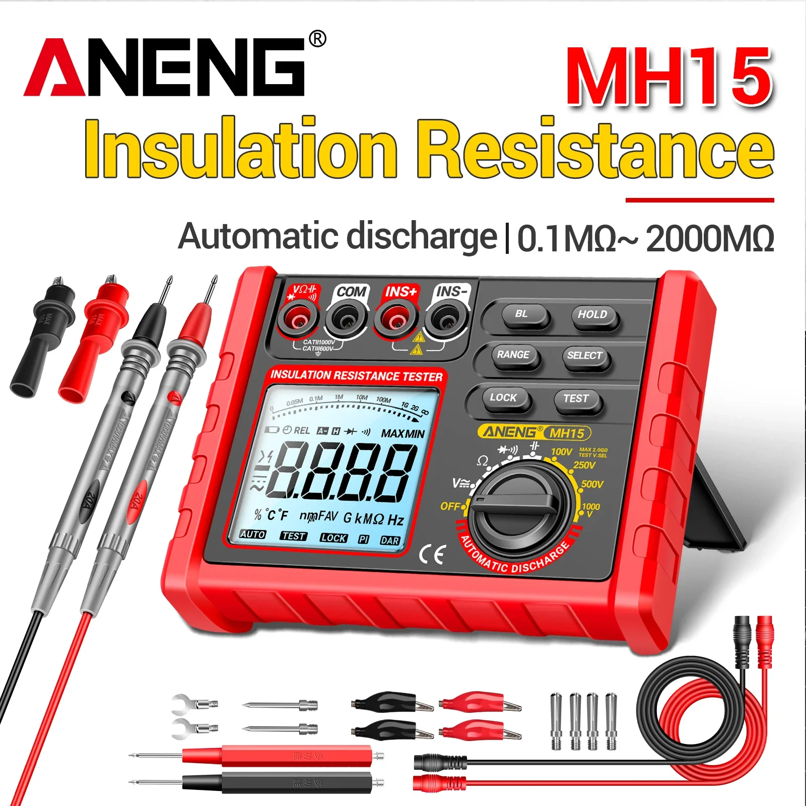 ANENG MH15 Digital Megohmmeter 1000V High Voltage Insulation Test 2000MΩ High Resistance Measurement Electrical Testing Artifact