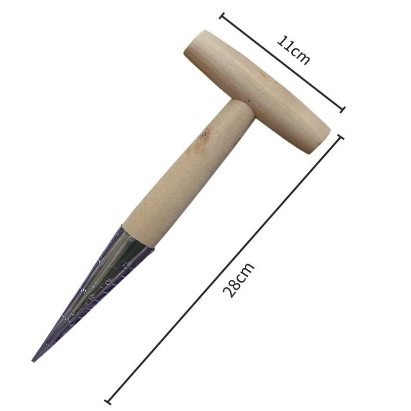 Handheld Clear Scale Garden Hole Puncher With Wood Handle For Sowing Seeds Transplanting Plants Digging Garden Hole Punch Tool