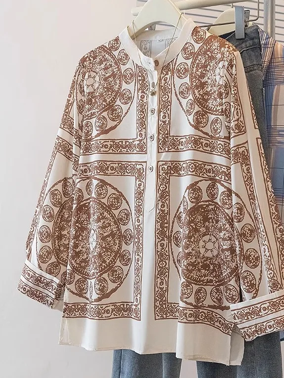 

Long Sve round Ne Vintage irt Women's plus Size Loose Fit Comfortable Inner Wear Commute Sle Printed UV Protection