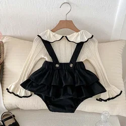 2025 New Spring Newborn Baby Girl Clothes Suit Long Sleeved Hollow Knitted Pullover+Jumpsuit Infant Baby Girls Clothing Set