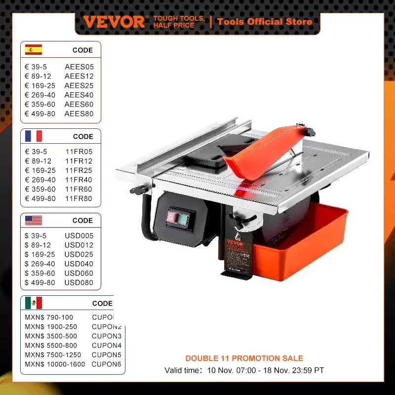 VEVOR Wet Tile Saw 7-inch 65Mn Steel Blade 3500 RPM Induction Motor Tile Cutter Wet Saw with Water Reservoir 0-45 Degrees Angle