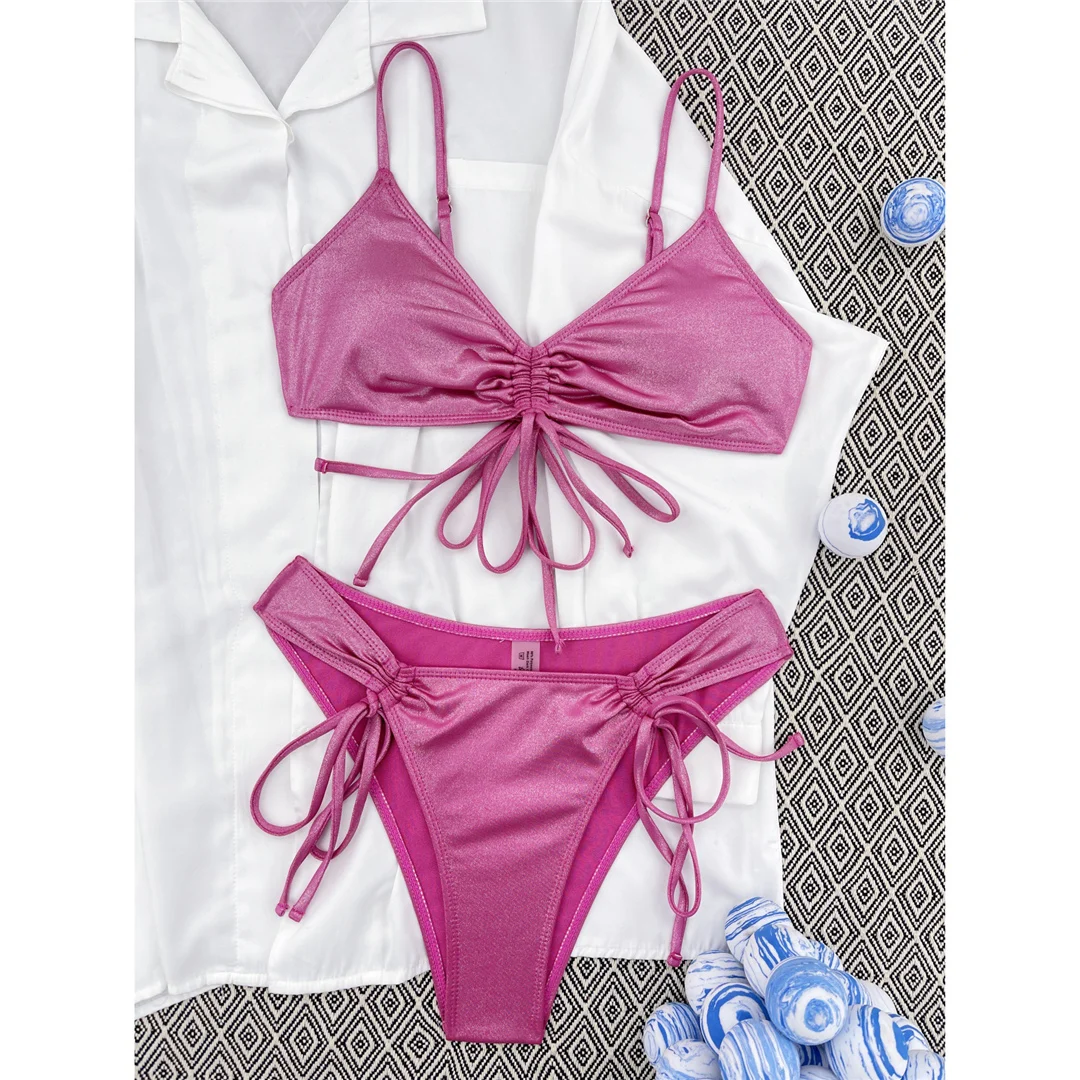 Glitzernder, glänzender, geraffter Bikini mit Trägern, Damen-Badebekleidung, zweiteiliger Bikini-Set, Badeanzug, Badebekleidung, Schwimmbekleidung V5781 – Detail 9