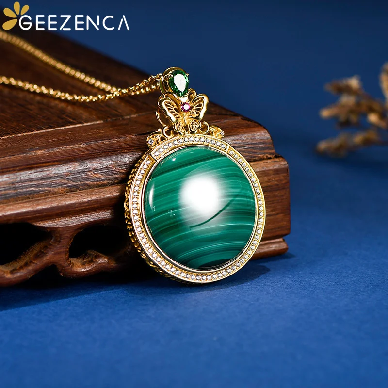 GEEZENCA Vintage Natural Malachite 925 Silver Big Pendant For Necklace Luxury Pave Setting Zircon Gemstone Pendants No Chain