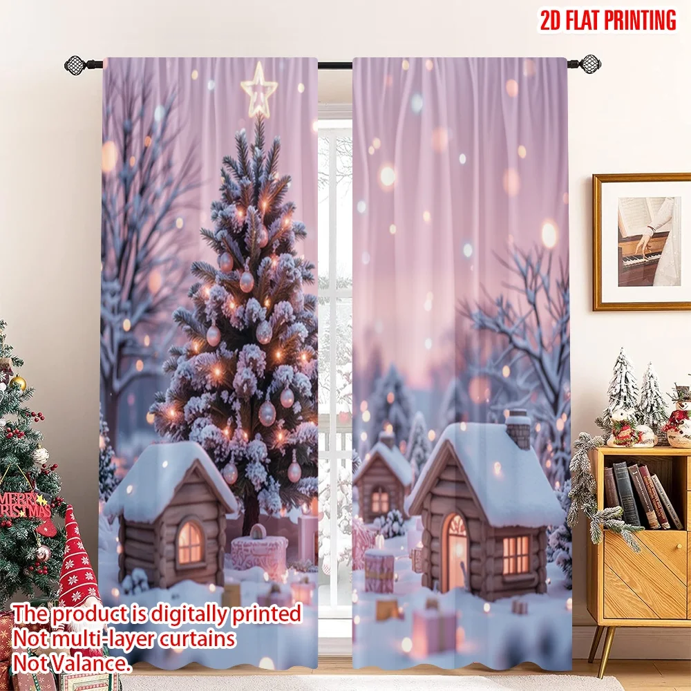 

2pcs 2D flat printing Merry Christmas Popular Window Curtains Pink Christmas Village Snow Scene Polyester Without Electricity