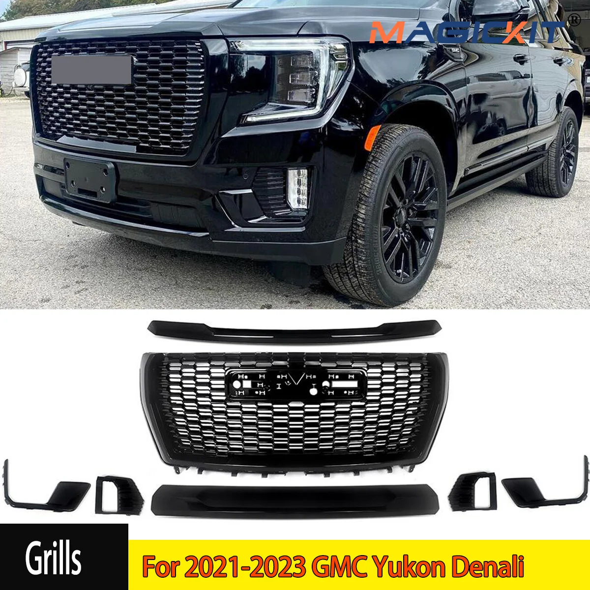 Gloss Black Fit GMC Yukon/XL Denali 2021-2023 Front Bumper Grille Molding Trim