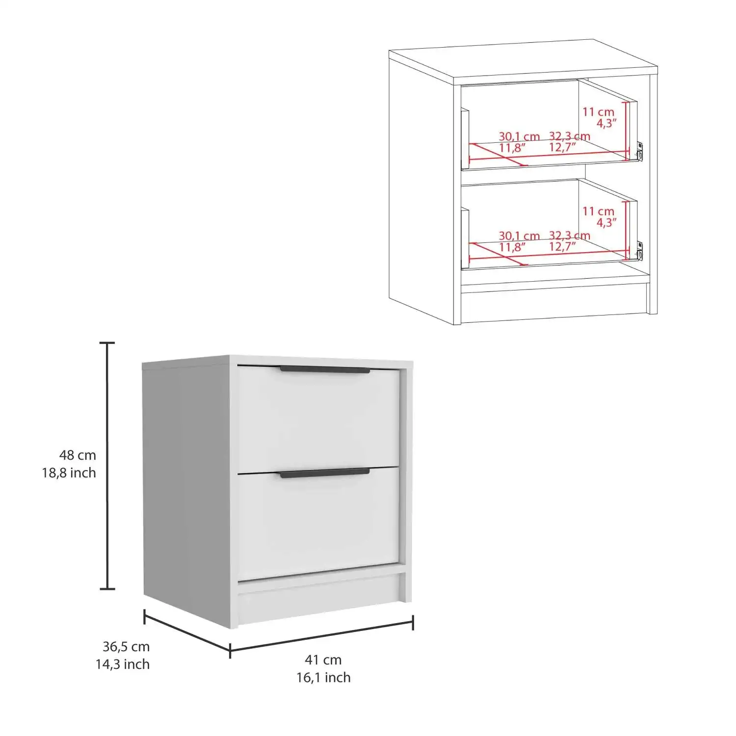 Kaia Nightstand, Two Drawers, Metal Handle White