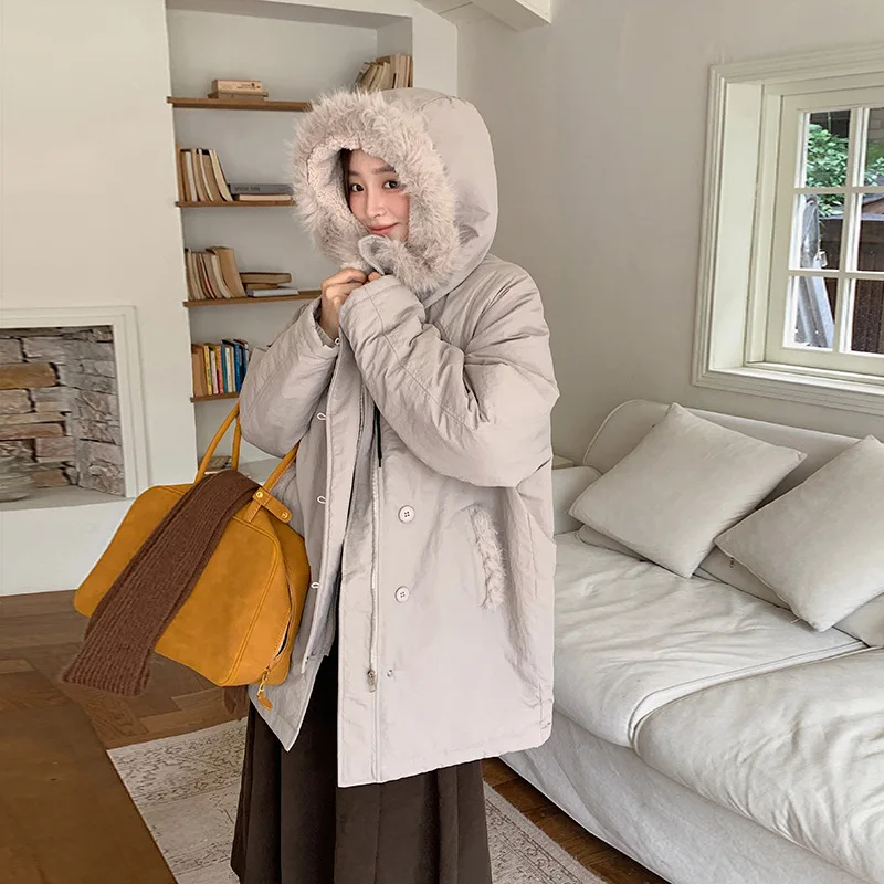 PinkyIsBlack Mid-length Cotton Padded Jacket Women 2025 Winter New Korean Style Loose Big Fur Collar Puffer Jacket Coat Outwear