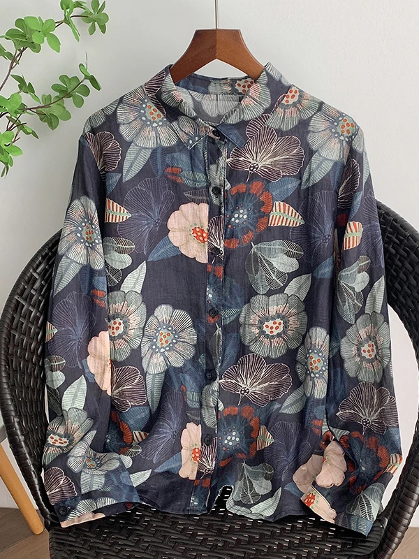 

Retro Floral Print Cotton Linen Long Sve irt Women Loose Top Thin Cardigan Sle Breathable Comfortable for Autumn