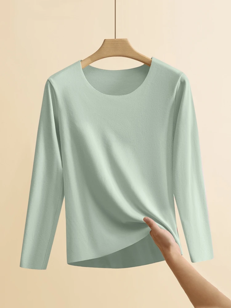 Double-Sided Fleece Thickened Long Sleeve round Neck Warm Top Women's Autumn Winter Seamless Underwear Cotton Thermal Shirt