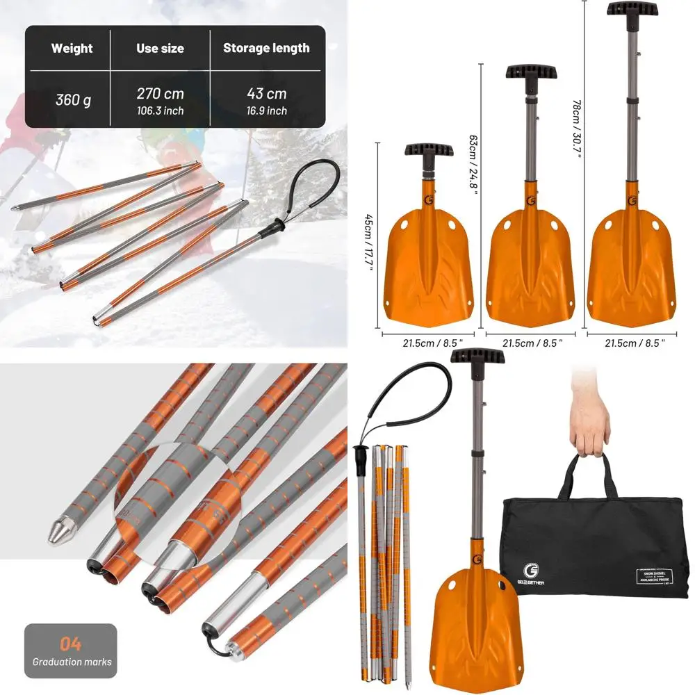 

Compact Aluminum Snow Shovel with Probe, Folding for Easy Storage and Carry, Orange with Carry Bag