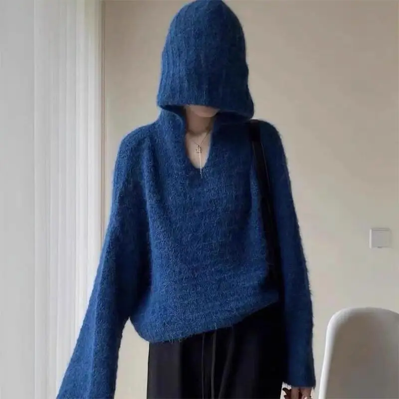 

Модный повседневный укороченный вязаный топ с капюшоном, женский осень 2025, новый свободный свитер с напуском