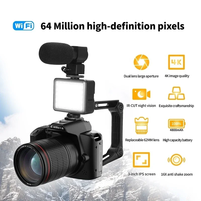 Hot Product Light+Lens+Mic+Bracket 4K Double-camera Night Vision 3-inch Display128G 64MP High-definition WIFI Digital Camera