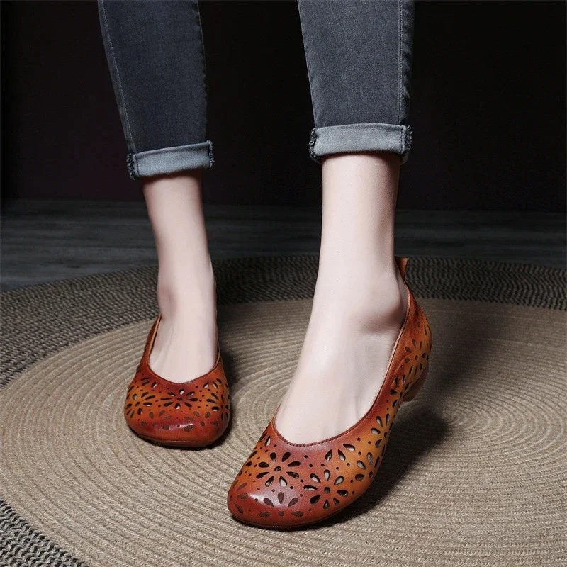 Women Moccassin 2.5cm Ethnic Natural Genuine Leather Summer Round Toe Comfy Soft Soled Flats Loafers Hollow Novelty Shoes