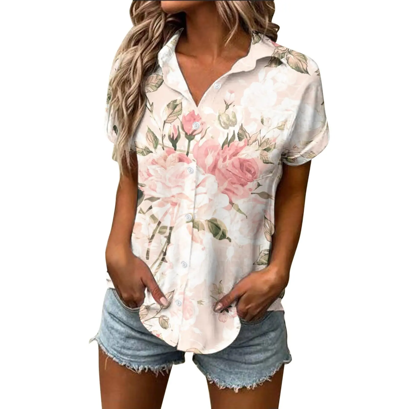 

Summer Fashion Women's Rose Flower Print Short Sleeve Lapel Casual Button Shirt Tops Women Hawaiian Shirt