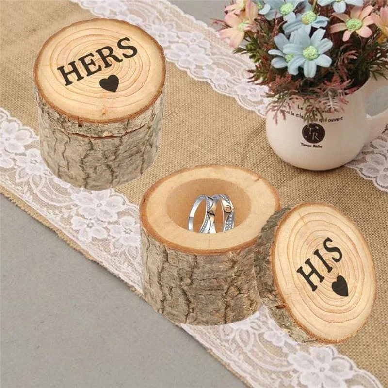 2Pcs Printed Letter Rustic Ring Box Wooden Round Wedding Rings Holder Valentine's Day GiftBox