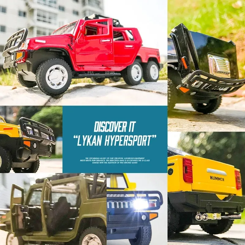 1:32 Hummer Pickup pressofuso in lega di metallo modello di auto tirare indietro lampeggiante veicoli giocattolo musicali per bambini regalo