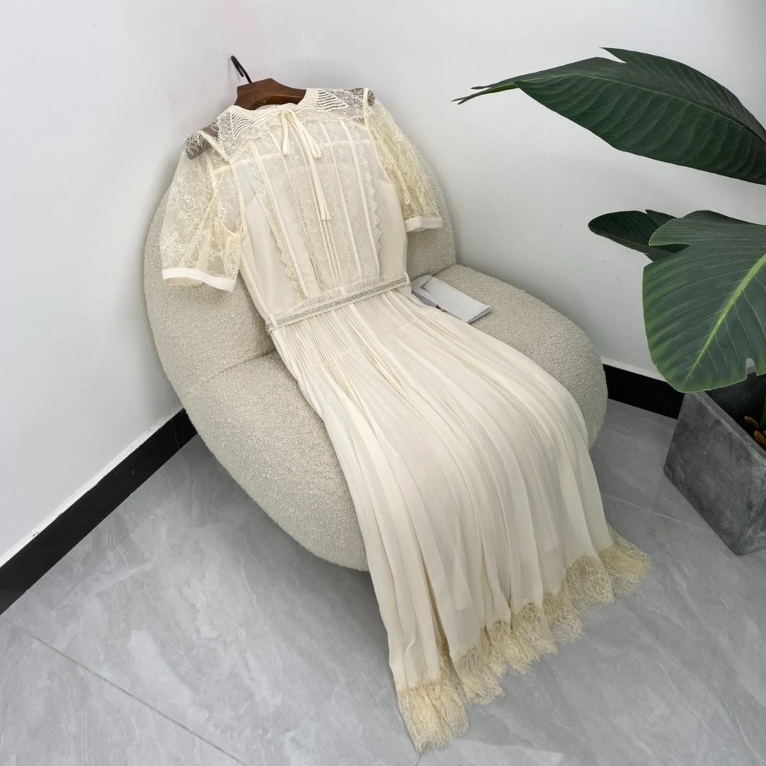 

2025 New Beautiful Ivory Lace Short Sleeve Pleated Midi Dress with Tie Neck