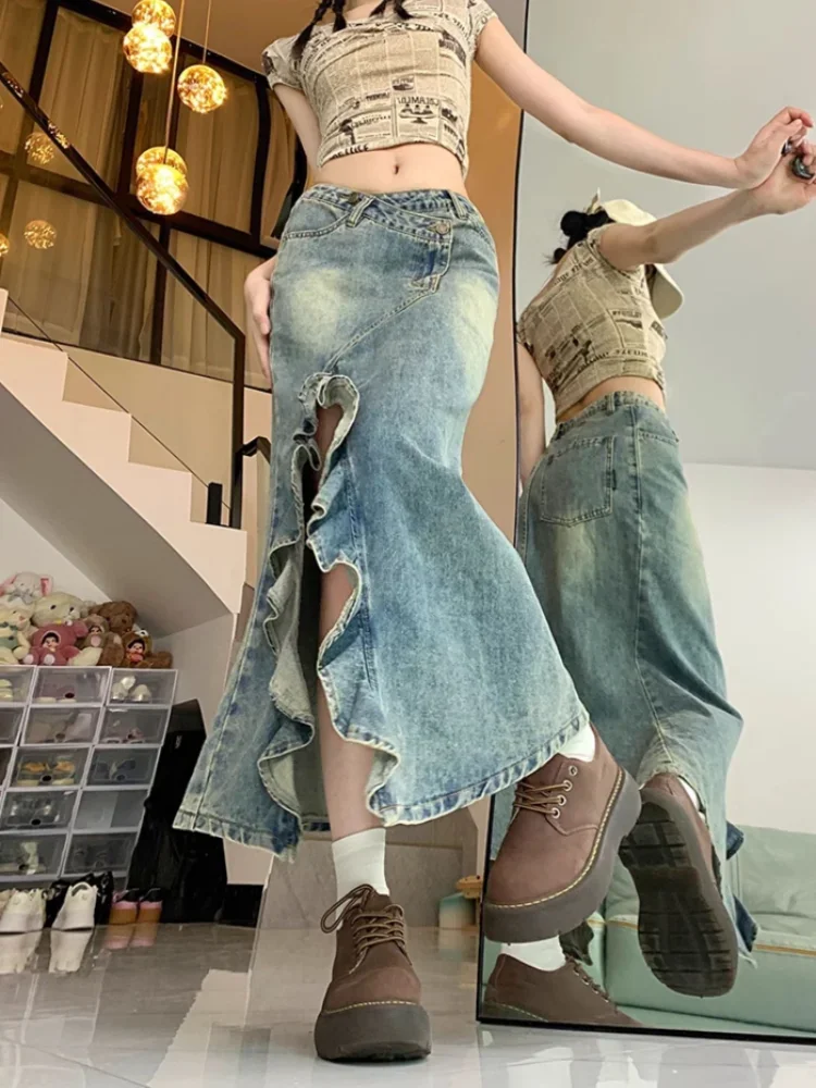 Women Skirts Irregular Spicy Girls Bodybuilding High Waist Korean Style Denim Side-slit Sexy College Vintage All-match Slim Y2k