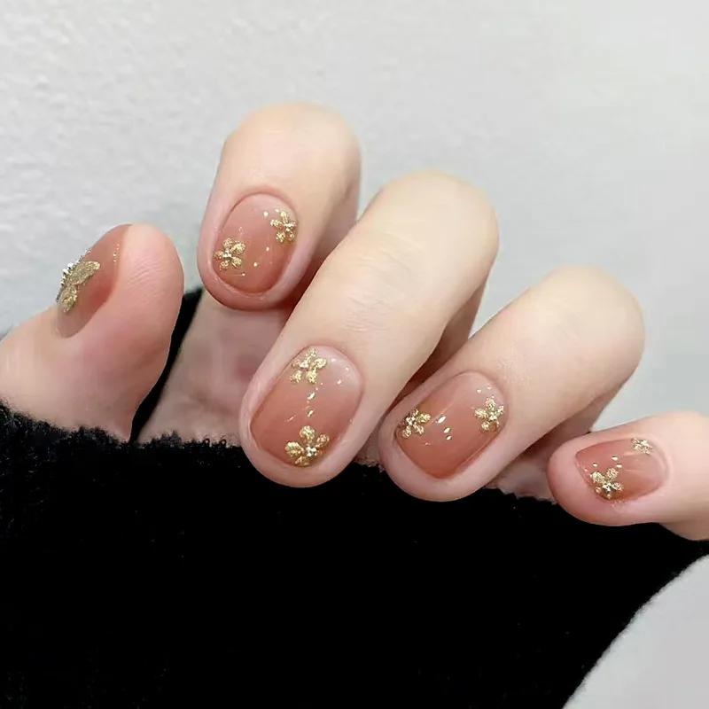 

24pcs Golden Flower Butterfly Gradient Press on Nails Square Shape Fake Nails Full Cover Wearable False Nails