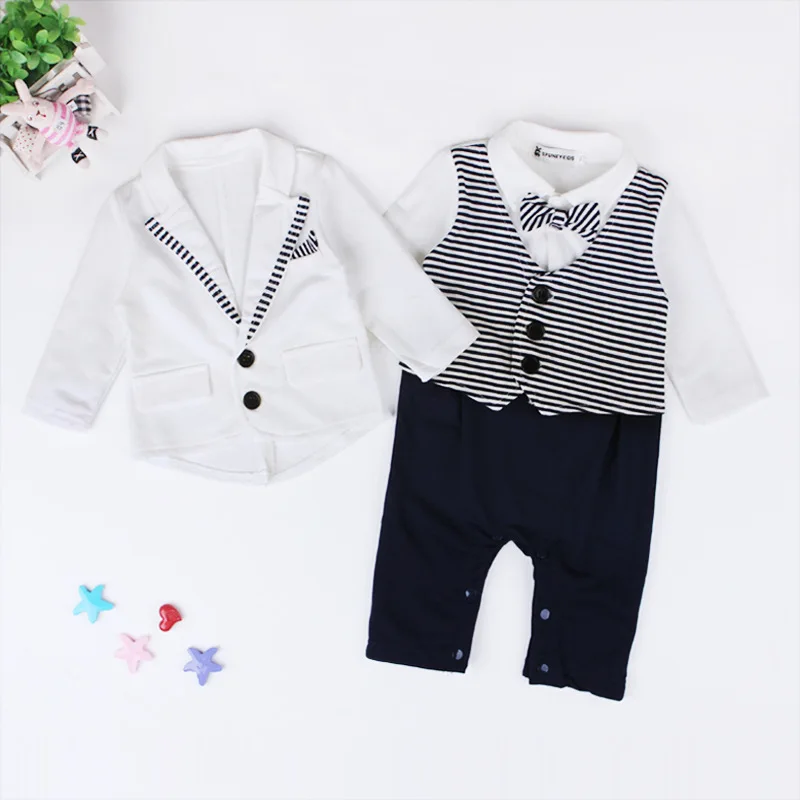 Toddler Boy Clothes Suit Striped Bow Jumpsuit+Coat 2Pcs Set Autumn Long Sleeve Gentleman Romper Overall Kid Wedding Costume A638