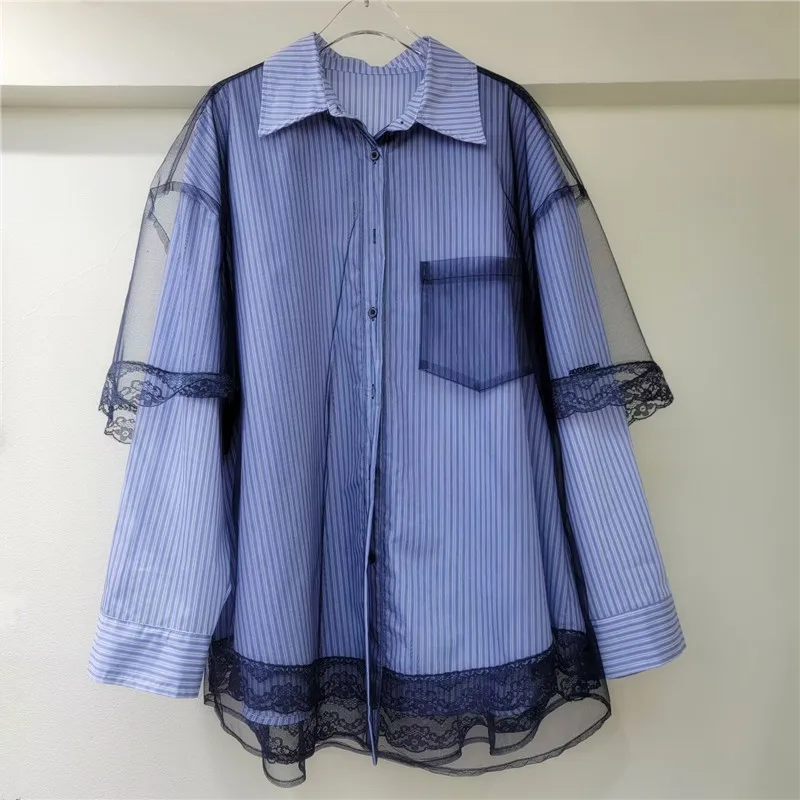 

SuperAen Long-sleeved Patchwork Mesh and Striped Patterns Shirt for Women Spring 2025 New Elegant Shirts