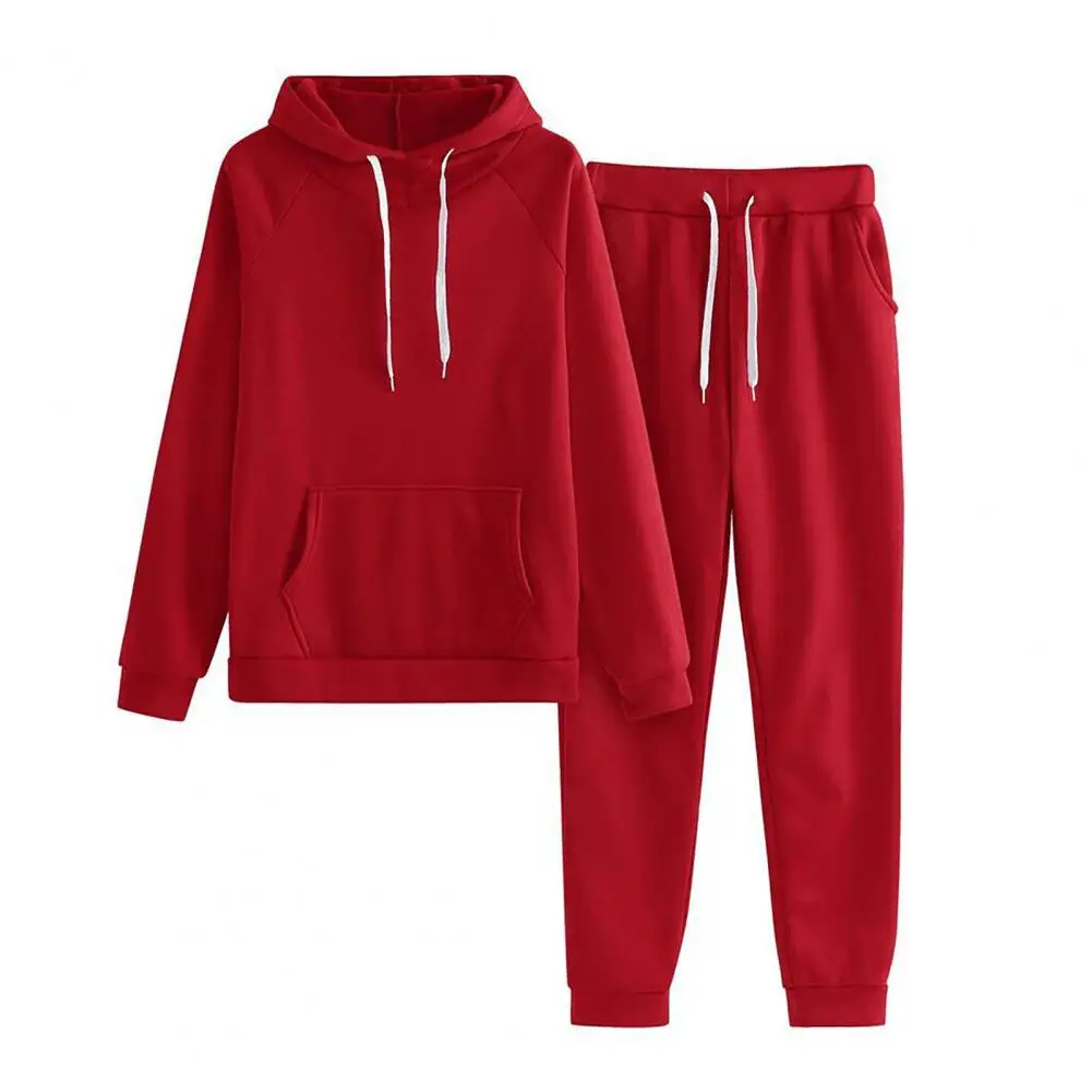 Women Two-piece Suit Cozy Winter Outfit 2-piece Hoodie Pants Set with Elastic Waist Drawstring Patch Pockets for Warmth Style