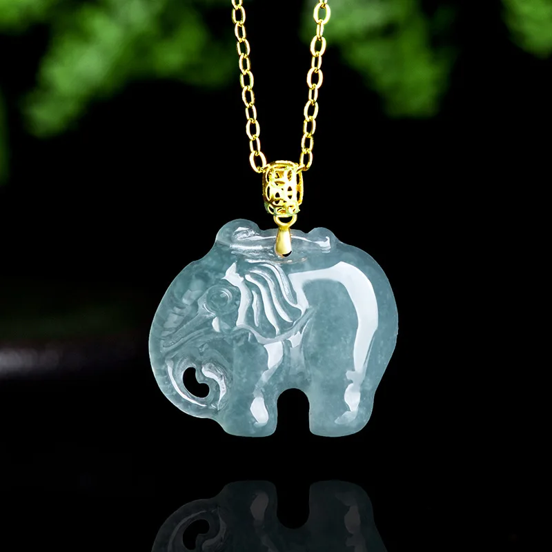 

18K Gold Inlay Real Jade Natural Blue Water Emerald Elephant Pendant Necklace Carved Charm Jewelry Fashion Charm Amulet Gift