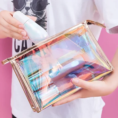 Imagen 2 del producto Bolsa de cosméticos transparente impermeable de PVC, neceser de maquillaje, organizador para mujeres y niñas, estuche de belleza con cremallera de Color láser