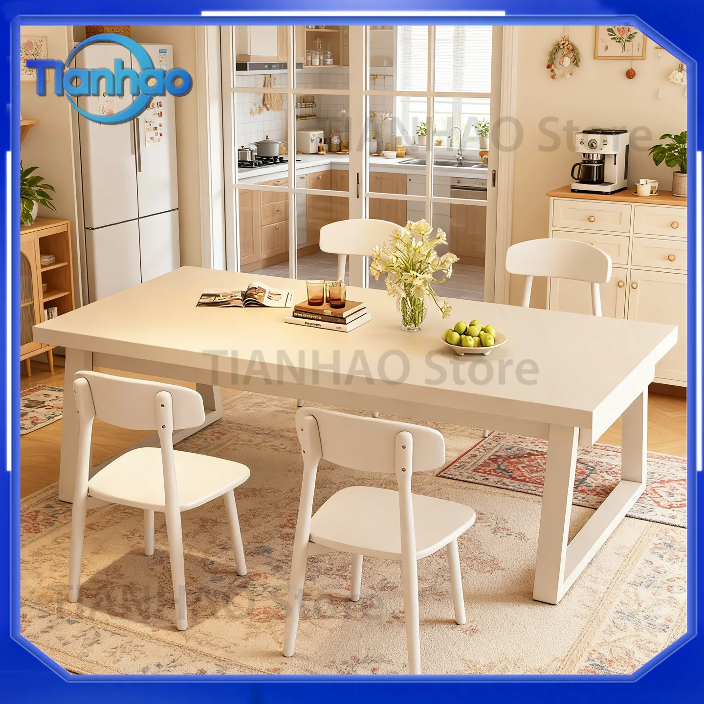 Cream Style Dining Table for Home Use Rectangular White Table and Chair Set for Small Apartments French Style Rental