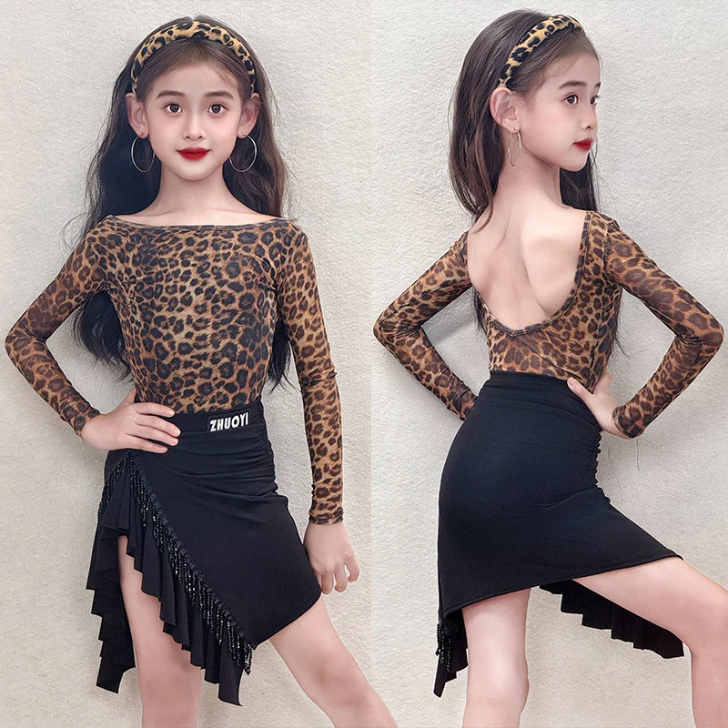 

Костюм для латинских танцев для девочек, сценическая одежда, боди с длинными рукавами, черная юбка с рюшами, детская танцевальная одежда для латинских тренировок