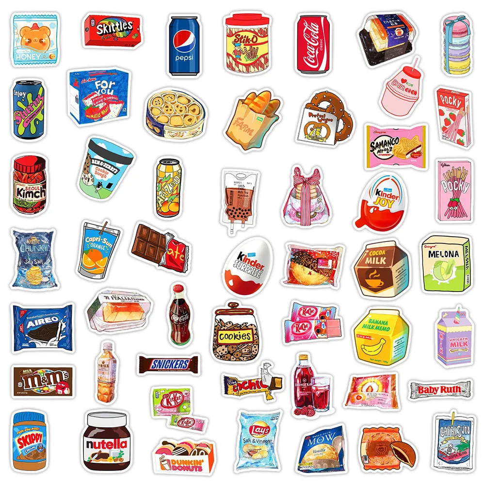 50Pcs Cartoon Snack Food Stickers Packaging Waterproof Laptop Phone Bike Refrigerator Scrapbooking Decals Sticker Children