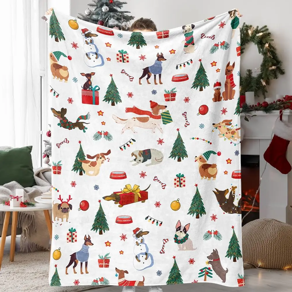 Christmas Throw Blanket Cute Christmas Dogs Blanket Super Soft Flannel Fleece Blankets Winter Plush Fuzzy Warm