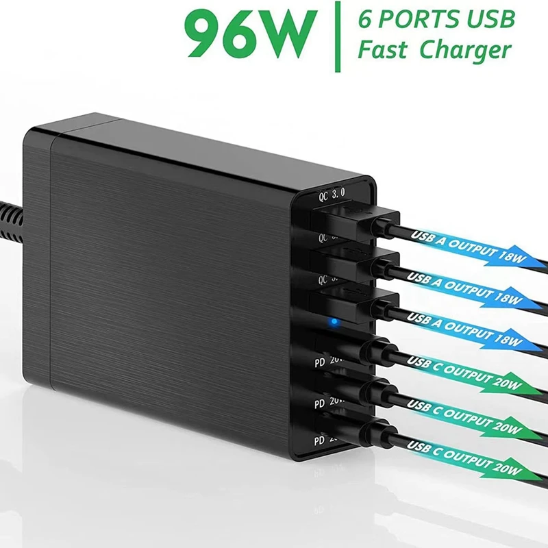 Estación de carga USB de escritorio de 6 puertos de 96W con 3 puertos USB-C y puertos QC3.0 Enchufe estadounidense