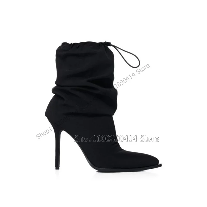 

Black Pointed Toe Flock Elastic Boots Mid Calf Women Shoes Stilettos High Heels Novel Fashionable Sexy 2023 Zapatos Para Mujere